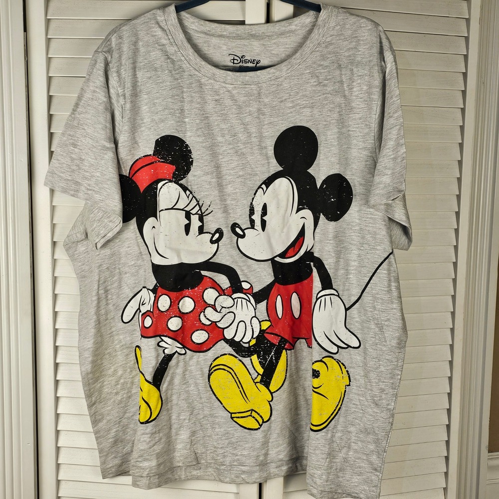 Disney Womens Gray Mickey Mouse Minnie Holding Hands Short Sleeve Tshirt 2XL